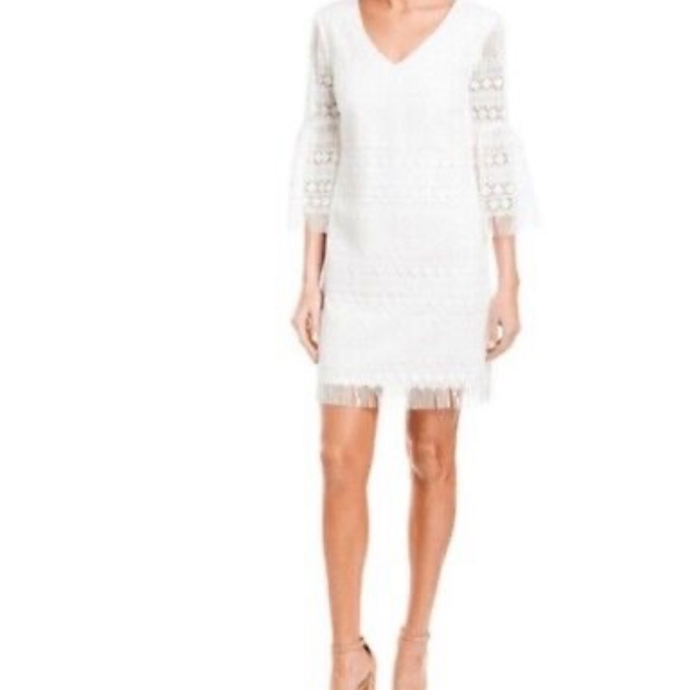 Trina Turk White Lace Fringed Bell Sleeve Cocktail Sheath Dress, Size 6, NWT - Picture 8 of 10